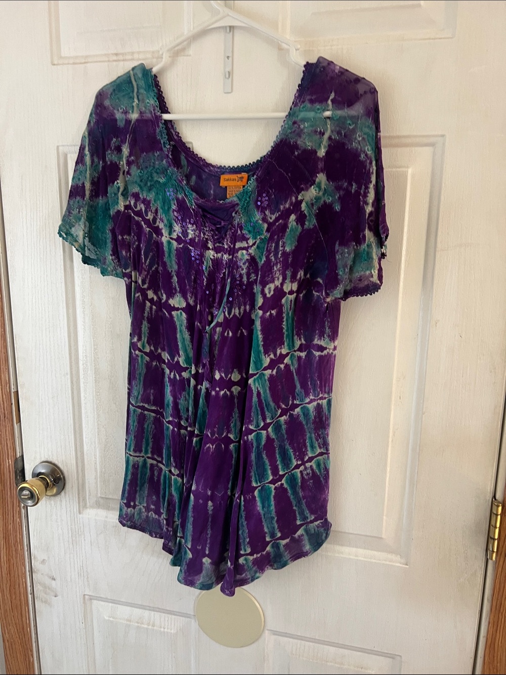 Sakkas Purple and Teal Tie-Dye Short Sleeve Tunic Top
